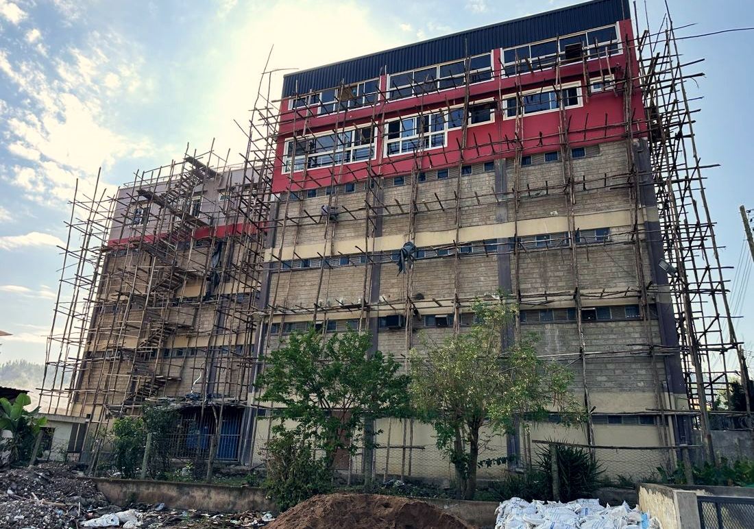 MEGA Supermarket commercial renovation under scaffolding, Migori