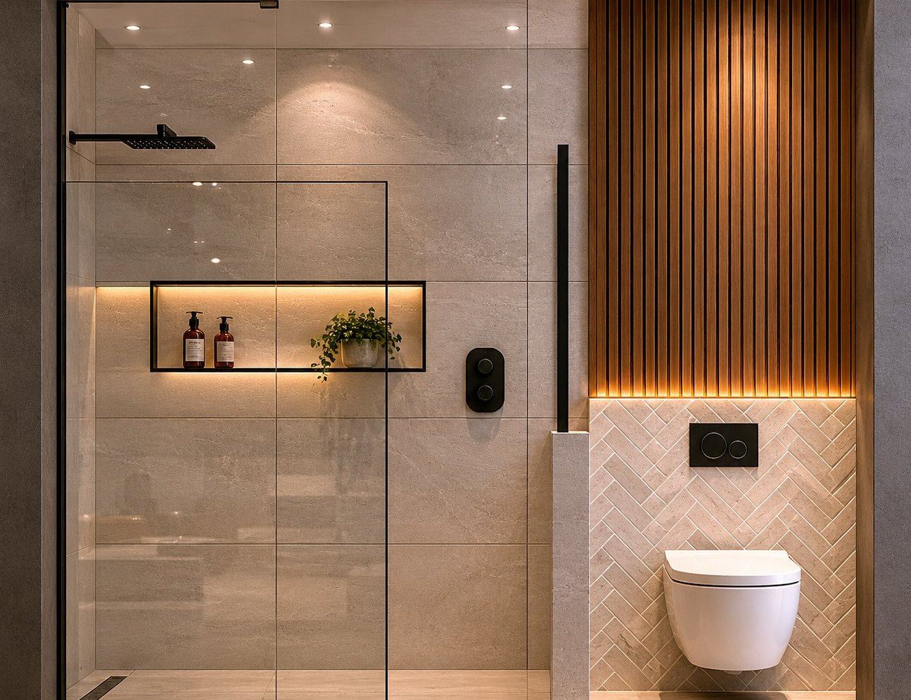 3D visualisation of a master bathroom with timber slat wall