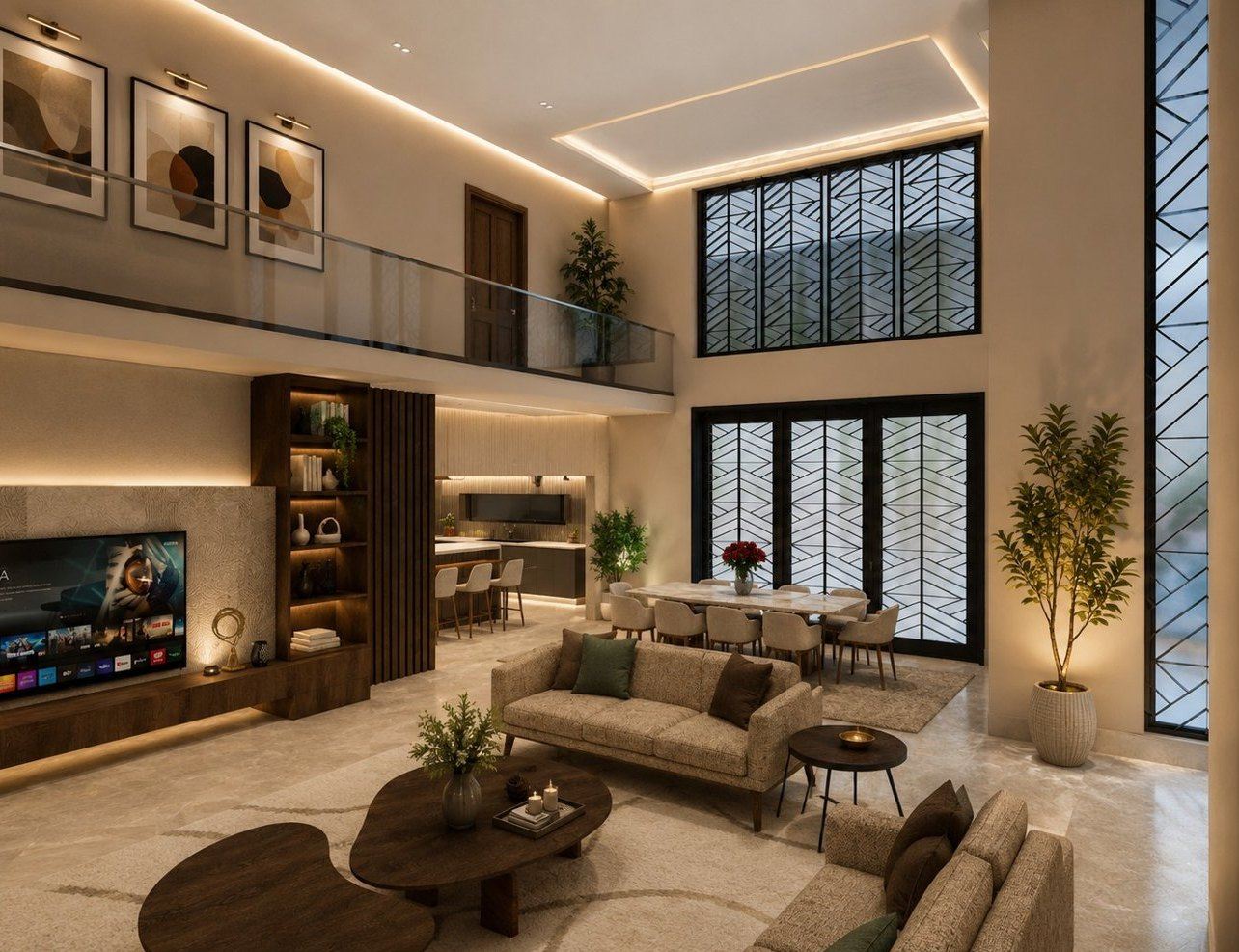 3D visualisation of a double-height living and dining room