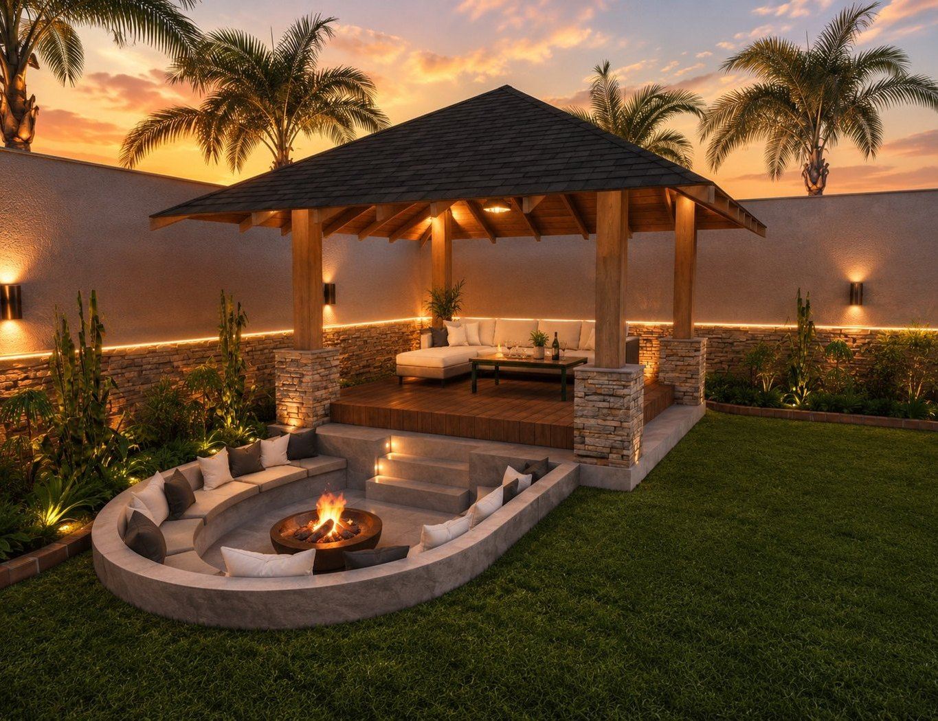 3D visualisation of an outdoor lounge with a sunken fire pit