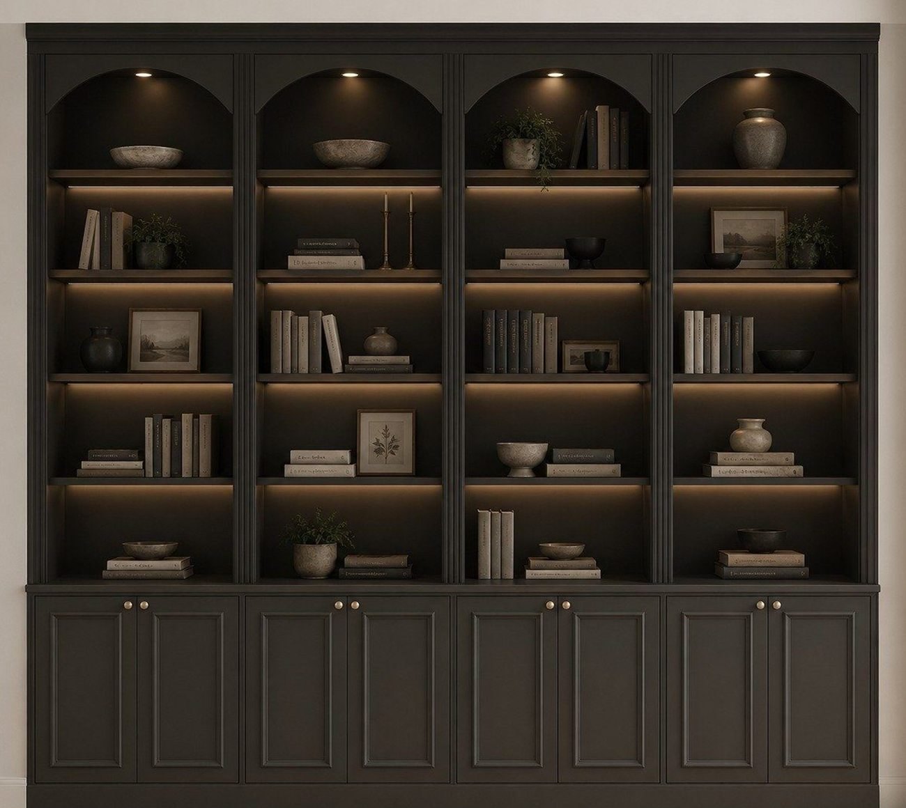 The render: arched built-in shelving unit